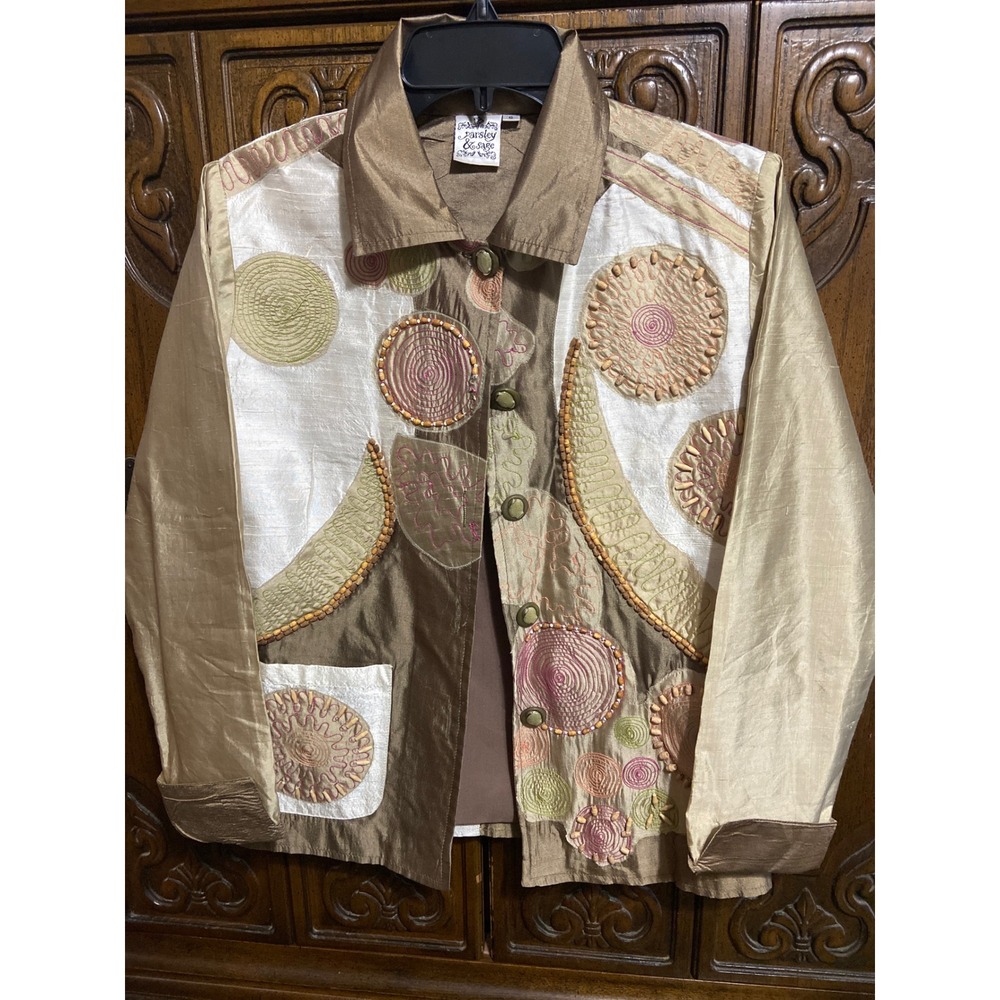 Parsley & Sage Women Silk Artisan Embroidered Beaded Jacket Bronze Champagne S